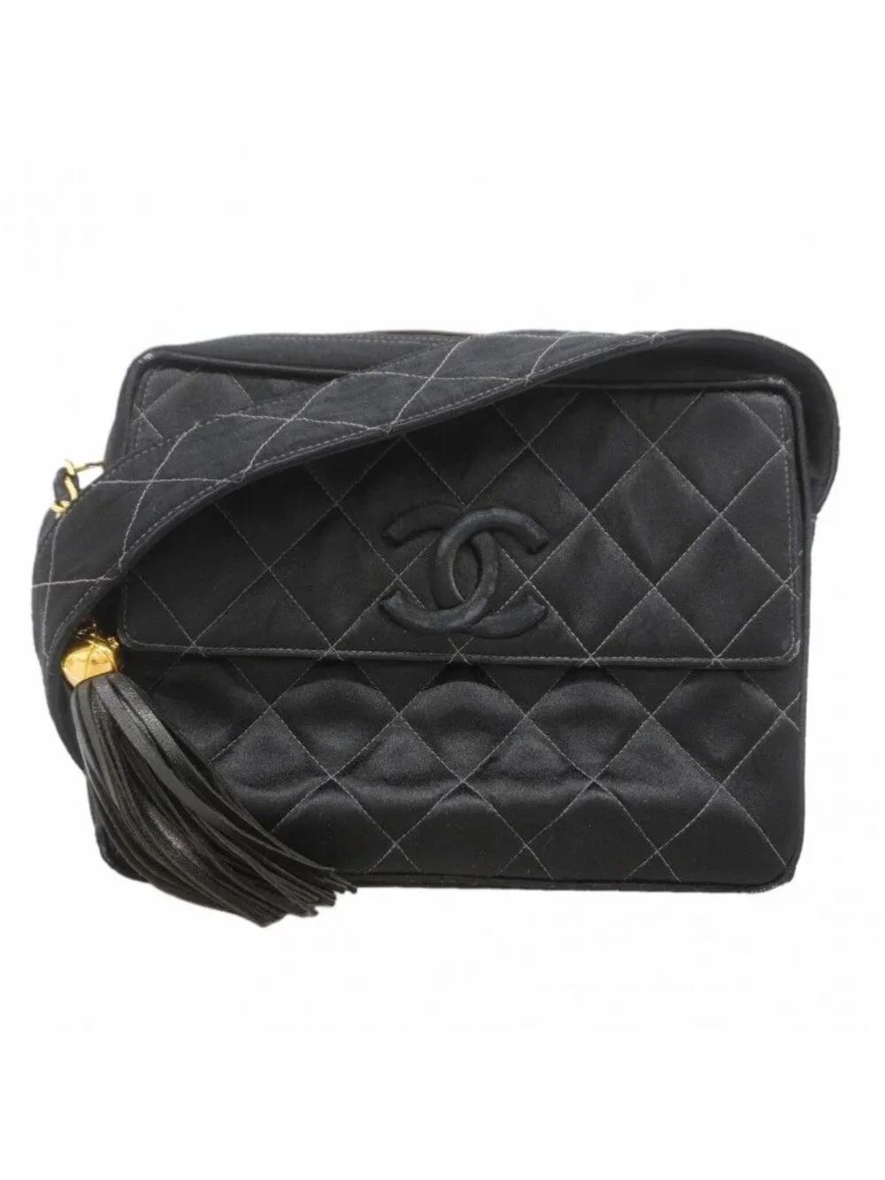 Chanel Shoulder Bag Quilted Satin Black Gold